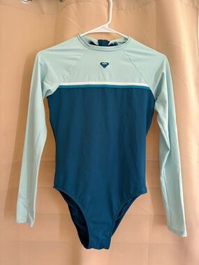 Roxy Colorblock Long Sleeve One-Piece Rash Guard - Teal & Light Aqua